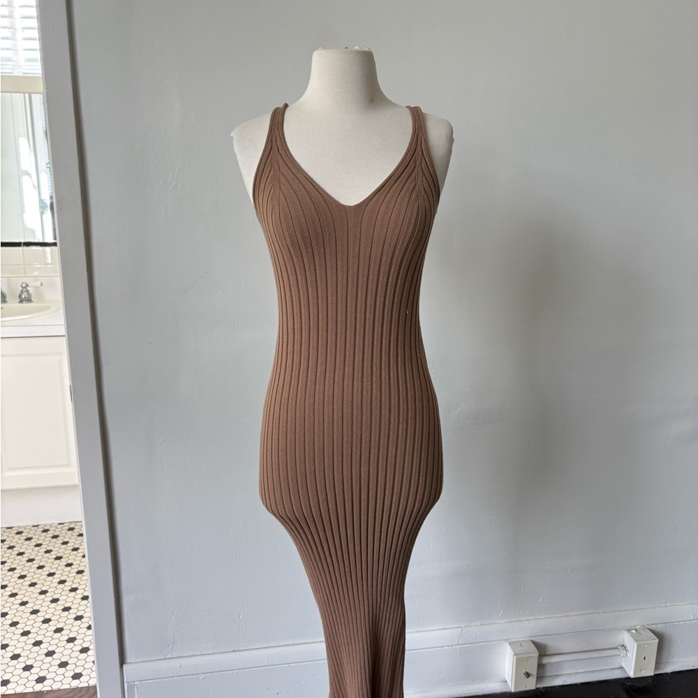 H&M Bodycon Midi Ribbed Knit Tan Dress Size XS
